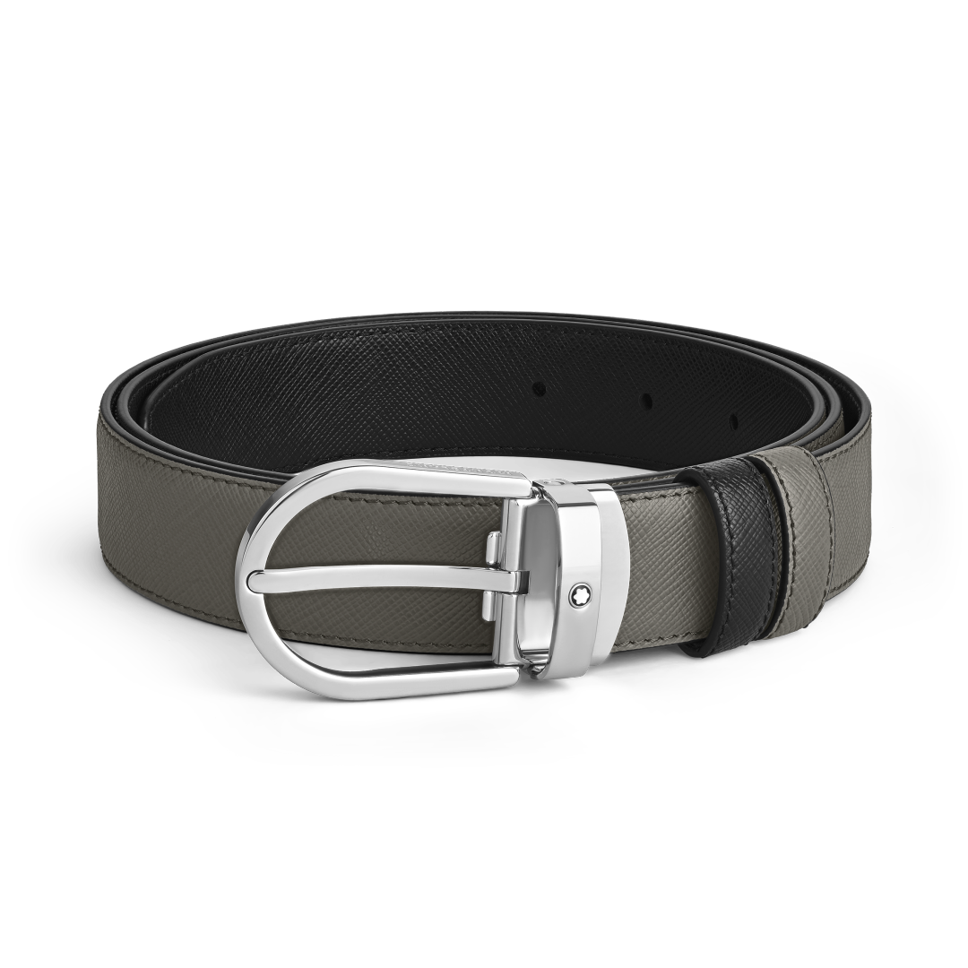 말발굽형 버클을 갖춘 미디움 그레이/블랙 30mm 리버서블 레더 스트랩