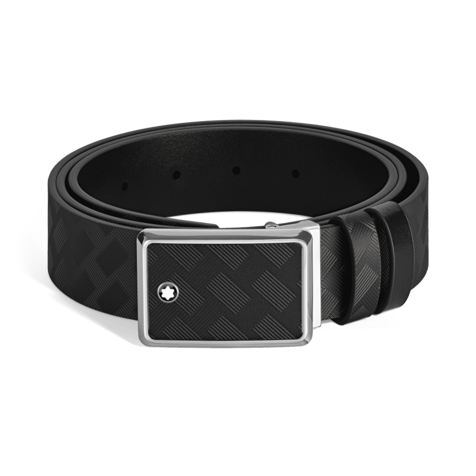 MB221019 - 마케트리 플레이트 버클을 갖춘 블랙/블랙 30mm 리버서블 레더 벨트