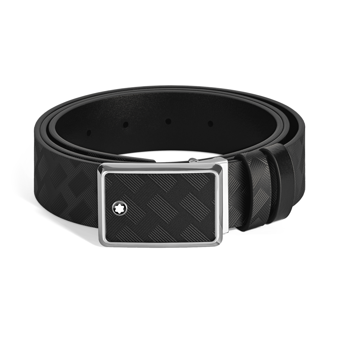 마케트리 플레이트 버클을 갖춘 블랙/블랙 30mm 리버서블 레더 벨트