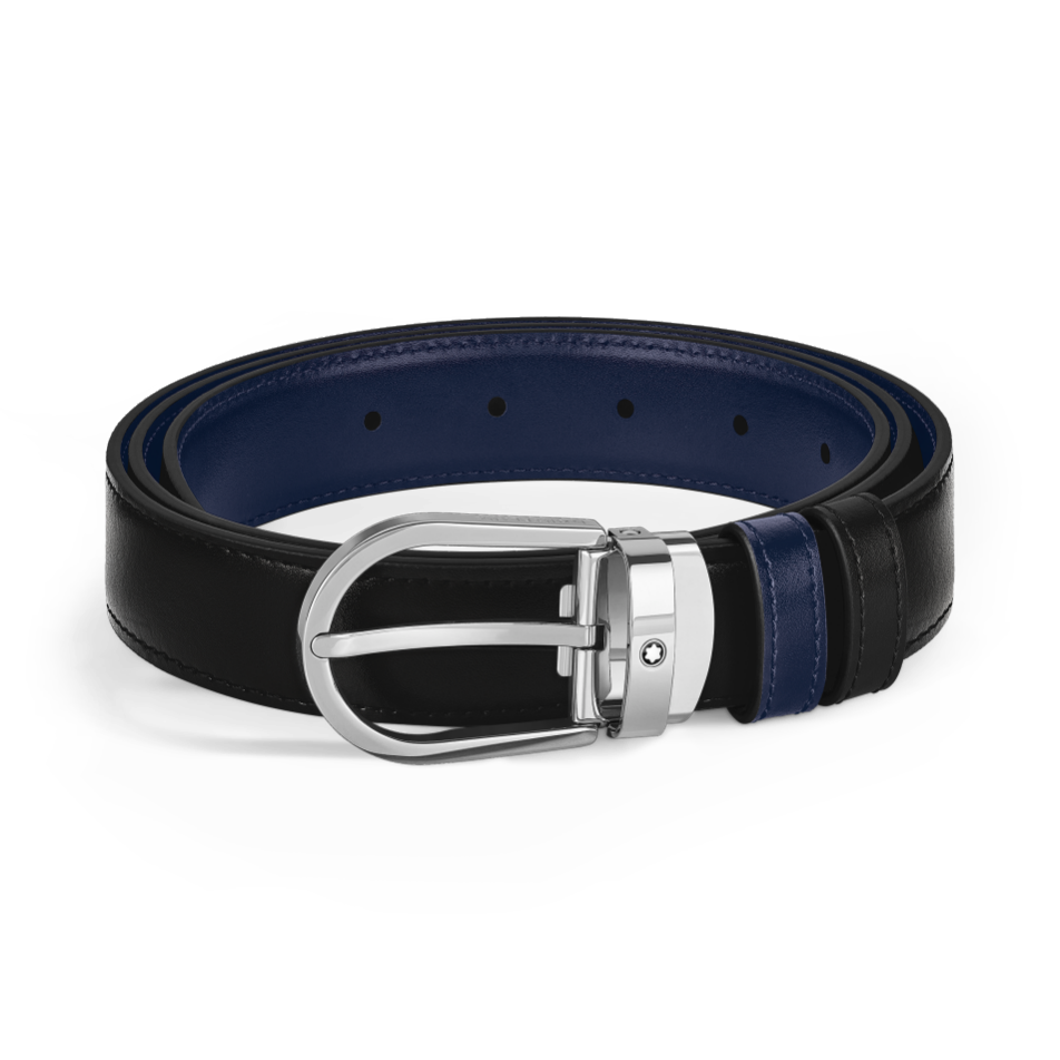 MB198586 - 말발굽형 버클을 갖춘 블랙/잉크 블루 30mm 리버서블 레더 벨트
