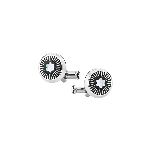 Cufflinks, round in stainless steel with ray pattern and mother-of-pearl snowcap emblem - 1