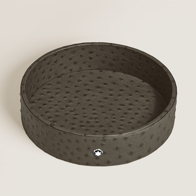 Large Round Desk Tray in Ostrich-Embossed Leather - 2