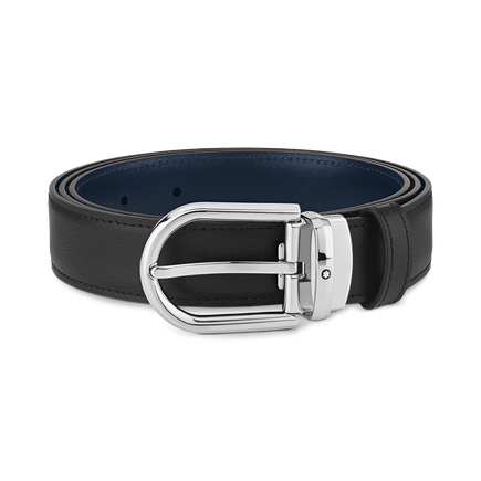 Cinturón reversible de piel negra y azul de 30 mm con hebilla en forma de herradura