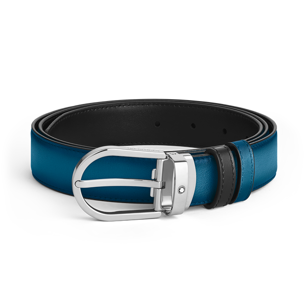 Correa reversible de piel azul ahumado y negra de 30 mm con hebilla en forma de herradura - 1