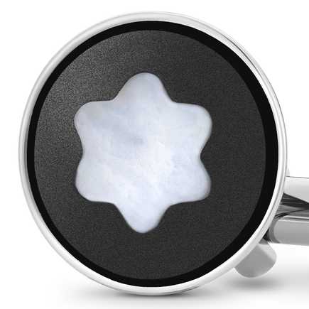 Cufflinks, round in stainless steel with black PVD inlay and mother-of-pearl snowcap emblem