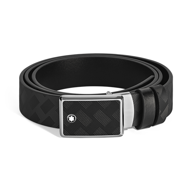 Ceinture réversible boucle plaque en marqueterie de 35 mm en cuir noir/noir - 1