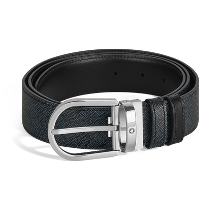 Cinturón reversible de piel azul tweed y negra de 35 mm con hebilla en forma de herradura