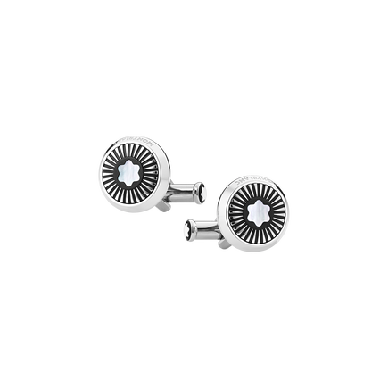 Cufflinks, round in stainless steel with ray pattern and mother-of-pearl snowcap emblem