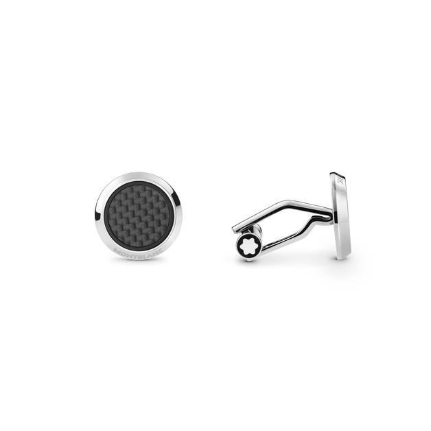 Round Cufflinks in Stainless Steel with Carbon-Patterned Inlay - 1