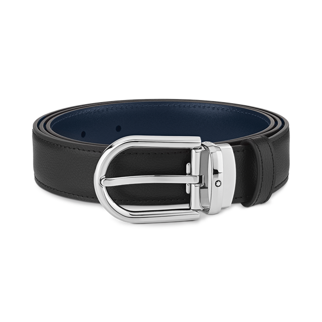Cinturón reversible de piel negra y azul de 30 mm con hebilla en forma de herradura - 1