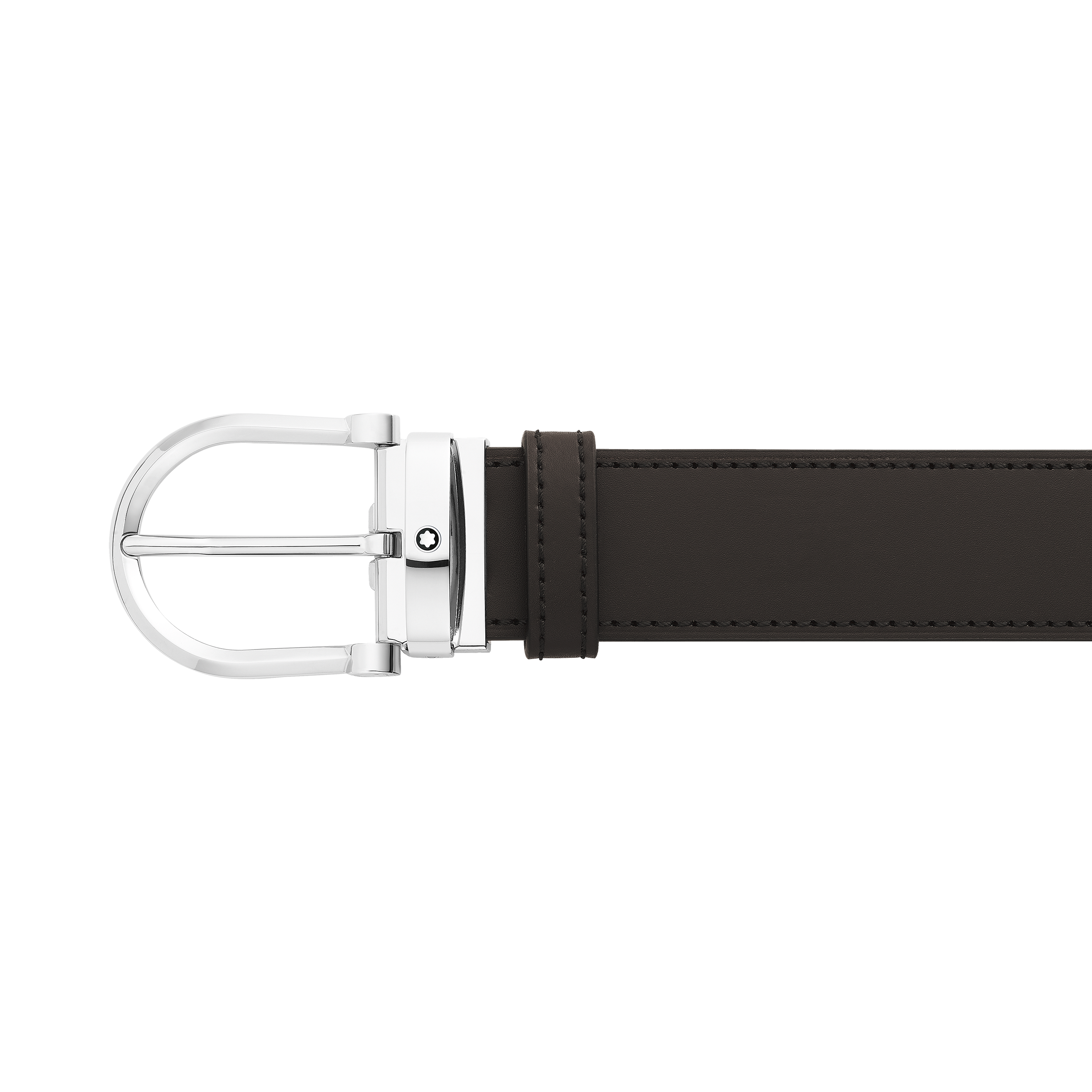 حزام جلدي ذو وجهين أسود/بُنّي، عرضه 35 مم، مزوّد بمشبك شبيه بشكل حدوة الحصان