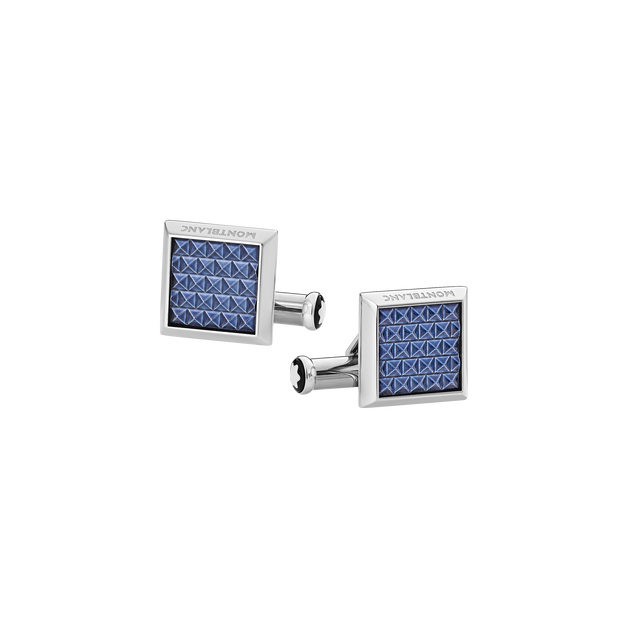 Cufflinks, rectangular in stainless steel with blue patterned inlay - 1
