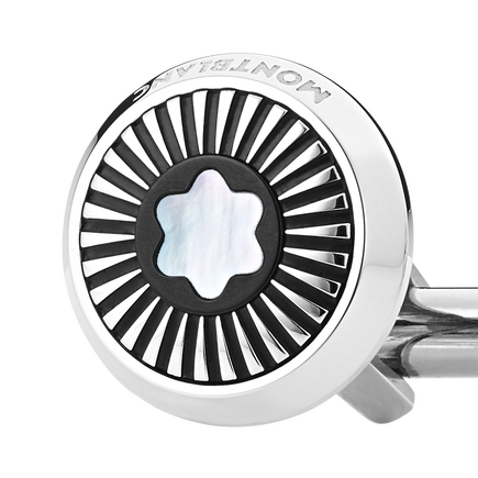 Cufflinks, round in stainless steel with ray pattern and mother-of-pearl snowcap emblem