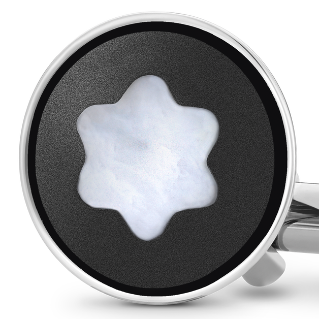Cufflinks, round in stainless steel with black PVD inlay and mother-of-pearl snowcap emblem - 2