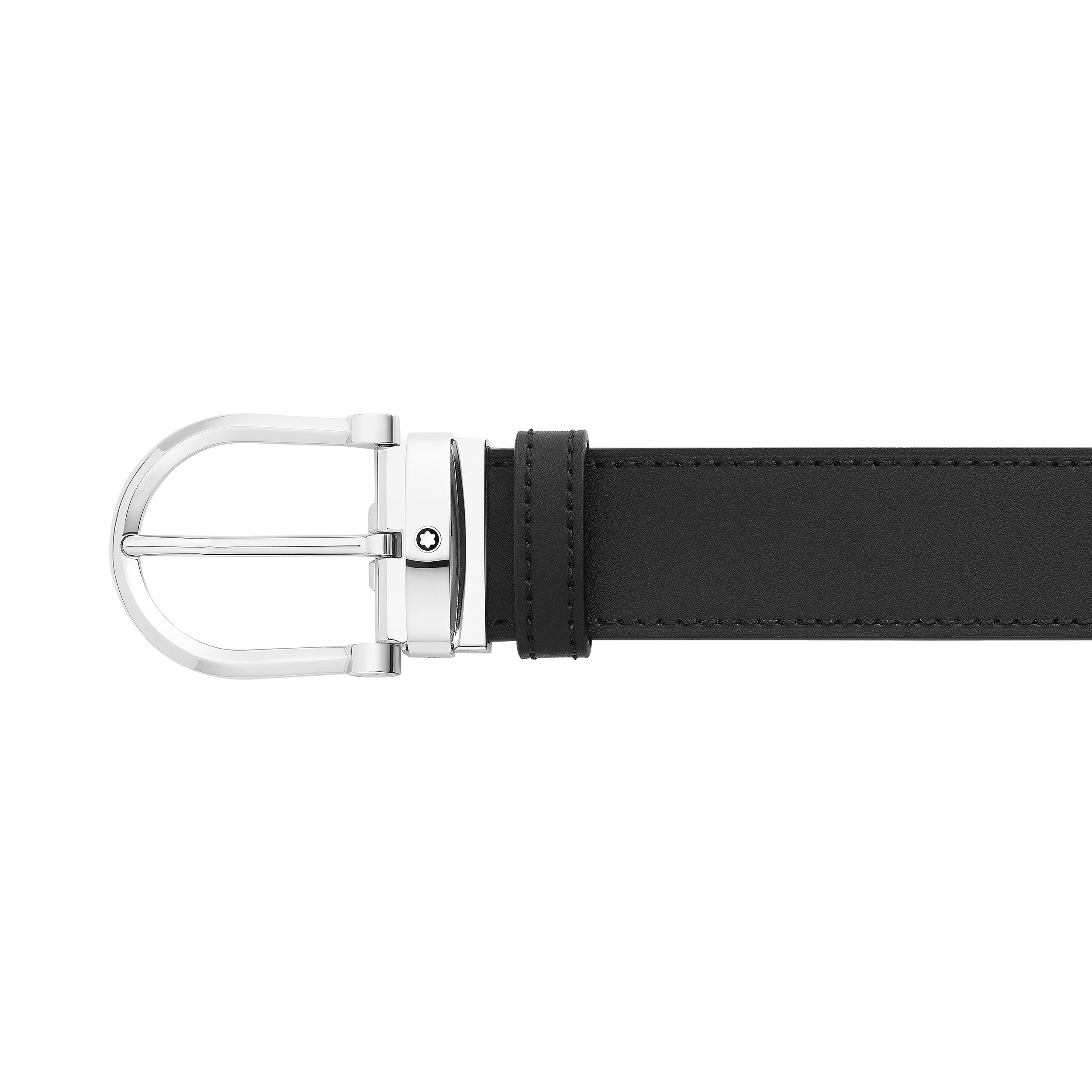 حزام جلدي ذو وجهين أسود/بُنّي، عرضه 35 مم، مزوّد بمشبك شبيه بشكل حدوة الحصان