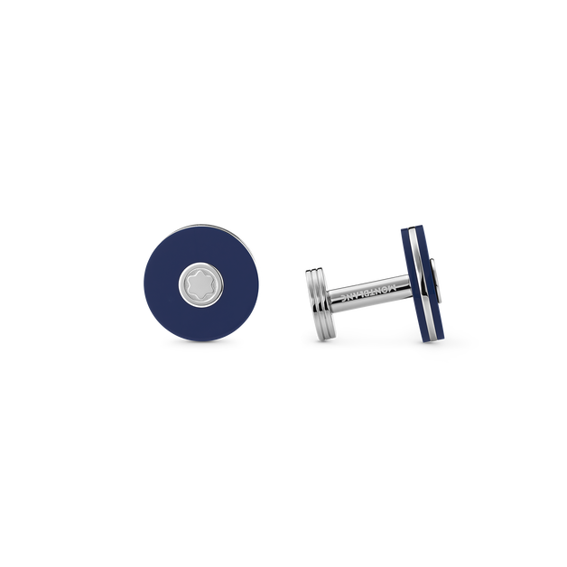 Cufflinks, round in stainless steel with blue resin - 1